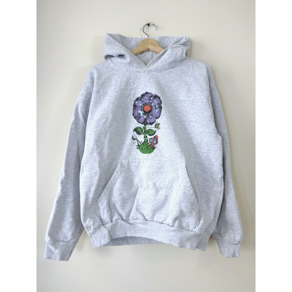 Bee Line Trippy Flower Bumblebee Mushroom Skate Art Gray Hoodie - Large